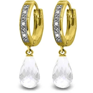 vintage-style citrine earrings-Indented drop earrings-4.54 Carat 14K Solid Yellow Gold Hoop Earrings Diamond White Topaz