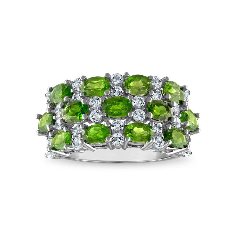 vintage-inspired sapphire ring-Mixed texture ring-4X3MM Oval Chrome Diopside and White Topaz Fashion Ring in Rhodium Plated Sterling Silver