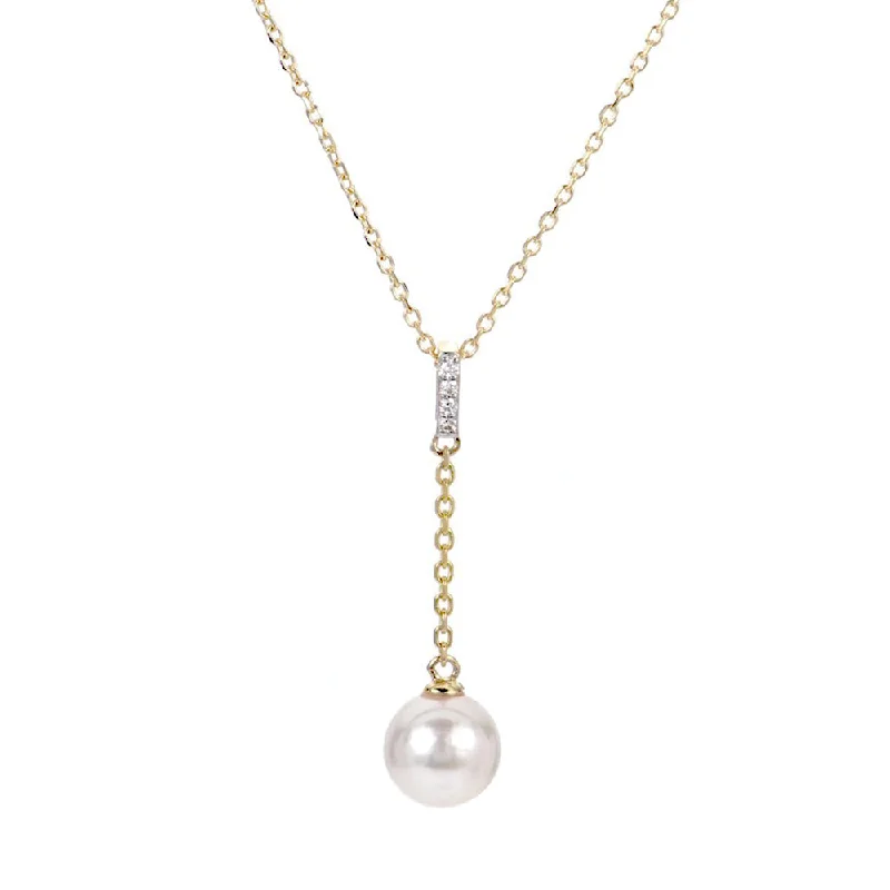 matte silver layer necklace-Solar glow necklace-Akoya Pearl and Diamond "Y" Necklace