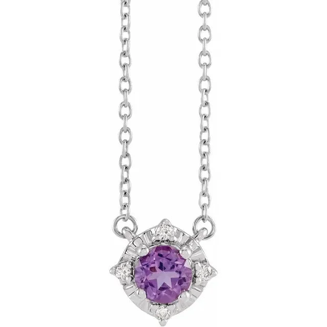 tarnished silver pendant necklace-High bezel necklace-Amethyst Necklace with Diamond Halo