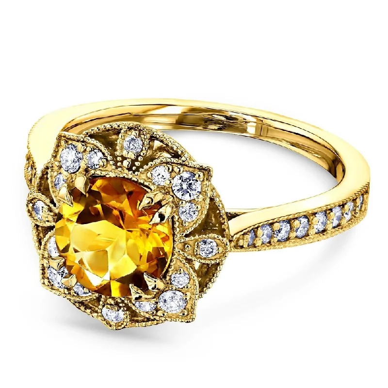 floral prong ruby ring-Scarred finish ring-Annello by Kobelli 14k Gold 1 1/4ct TGW Round Orange Citrine and White Diamond Lotus Floral Engagement Ring