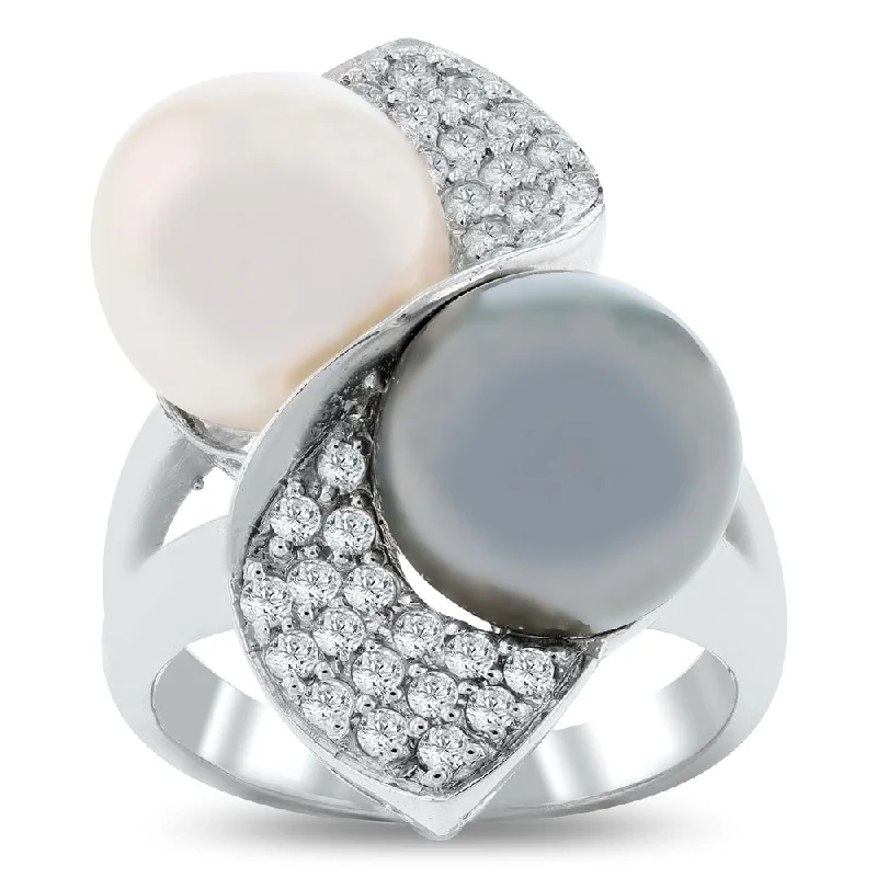 modern layered chalcedony ring-Vedic gold ring-Auriya 14k White Gold 10.5mm South Sea Cultured and Tahitian Pearl and 3/8ct TDW Diamond Ring