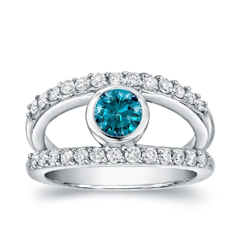 bohemian summit ridge ring-Arcing band ring-Auriya Modern Wide Split Shank Bezel Set Blue Diamond Ring 1ct TDW 14k White Gold