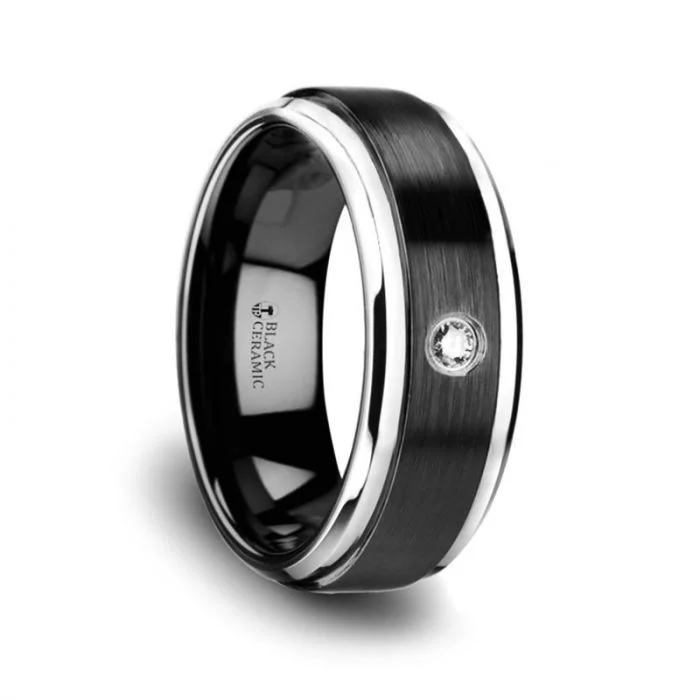 matte rose spiral ring-Subtle filigree ring-Black Ceramic Diamond Wedding Band with Polished Beveled Step Edges & Raised Brush Center