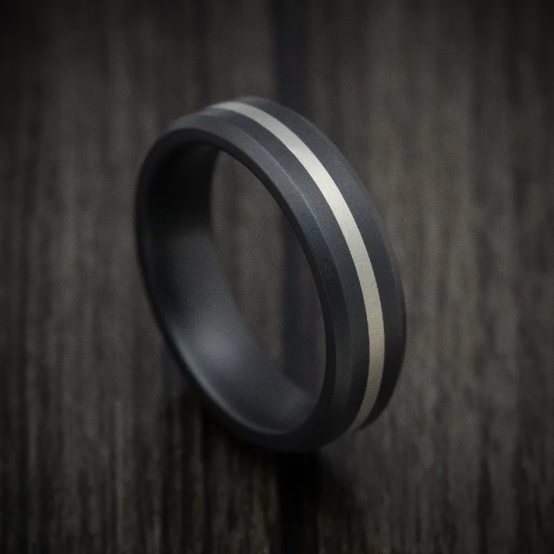 boho-inspired jade ring-Swivel gem ring-Black Ceramic Men's Ring with 14K White Gold Inlay