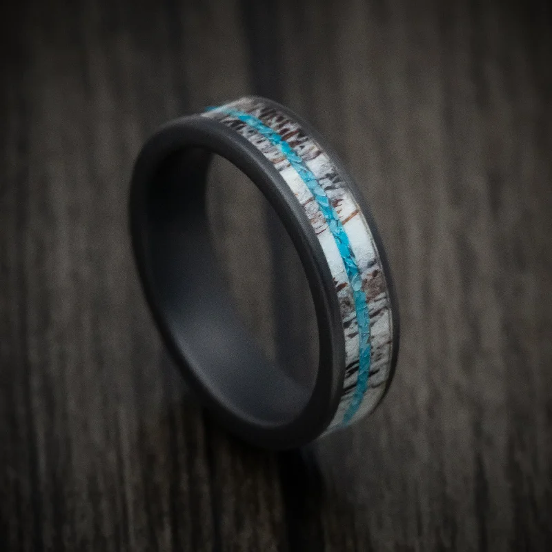 inscribed devotion ring-Oak nut ring-Black Ceramic Men's Ring with Antler and Turquoise Inlays