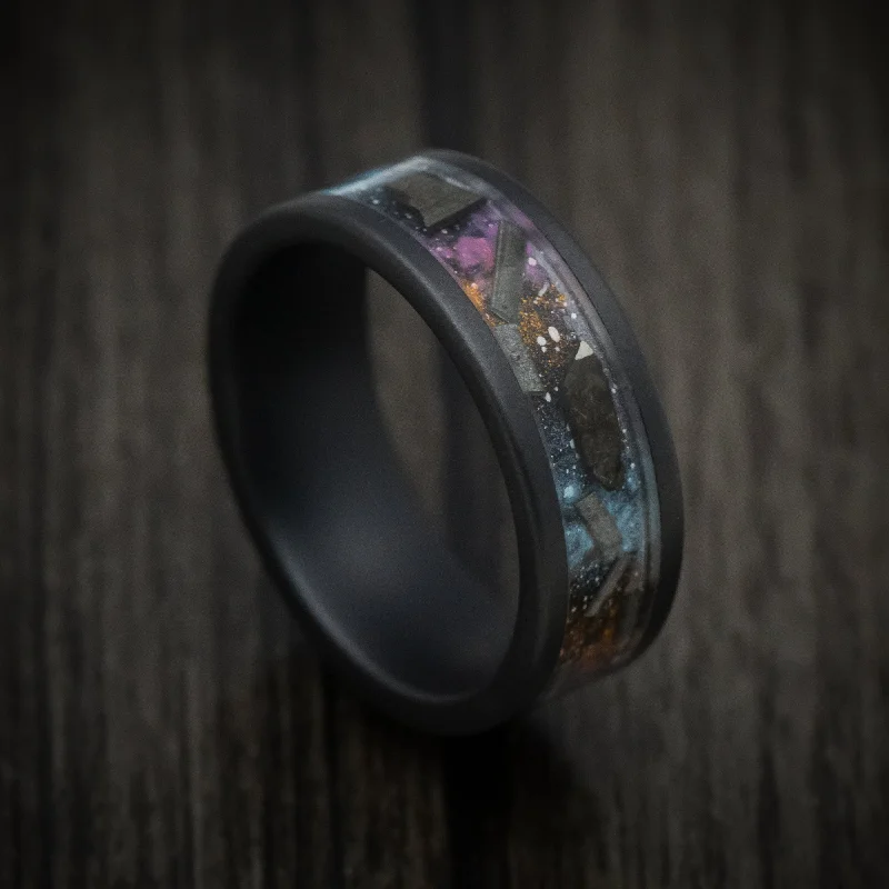 inscribed ancestry ring-Violet iolite ring-Black Ceramic Men's Ring with Galaxy Cerakote and Meteorite Flake Inlay