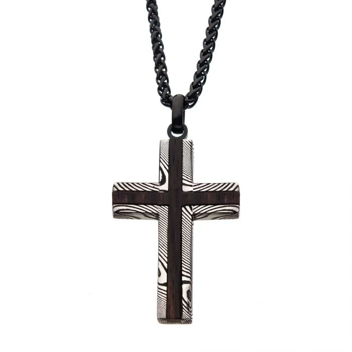 inscribed heritage pendant necklace-Paired stone necklace-Black plated damascus Steel cross with Ebony Wood Inlay