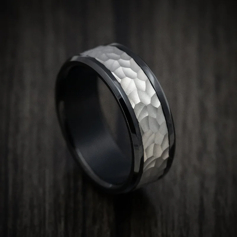 gothic-inspired bear talon ring-Chambray stripe ring-Black Tantalum Band with Hammered Titanium Inlay Custom Made Men's Ring