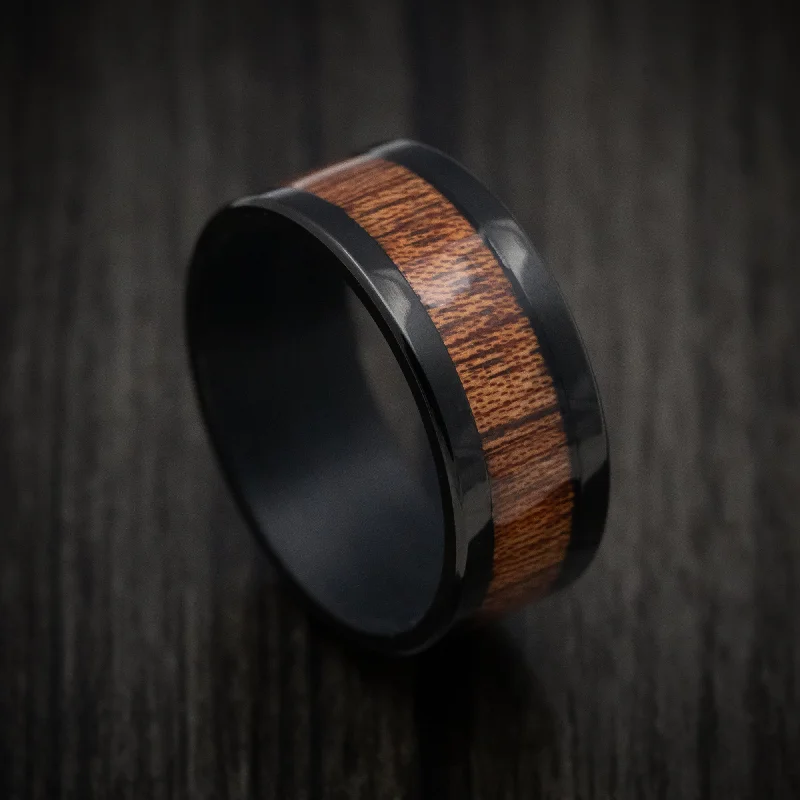 bold sapphire summit apex ring-Basket weave ring-Black Tantalum Band with Wood Inlay Custom Made Men's Ring