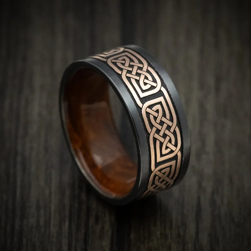 bold emerald summit apex ring-Mint sprig ring-Black Titanium Men's Ring with 14K Gold Celtic Knot and Wood Sleeve Custom Made Band