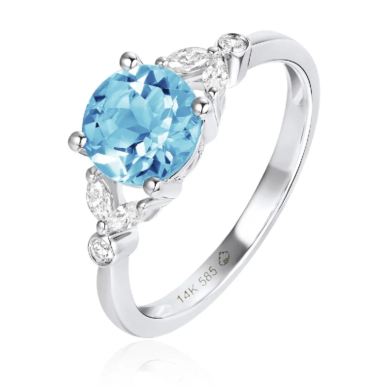 tarnished gold band ring-Violet petal ring-Blue Topaz & Diamond Floral 14K White Gold Ring