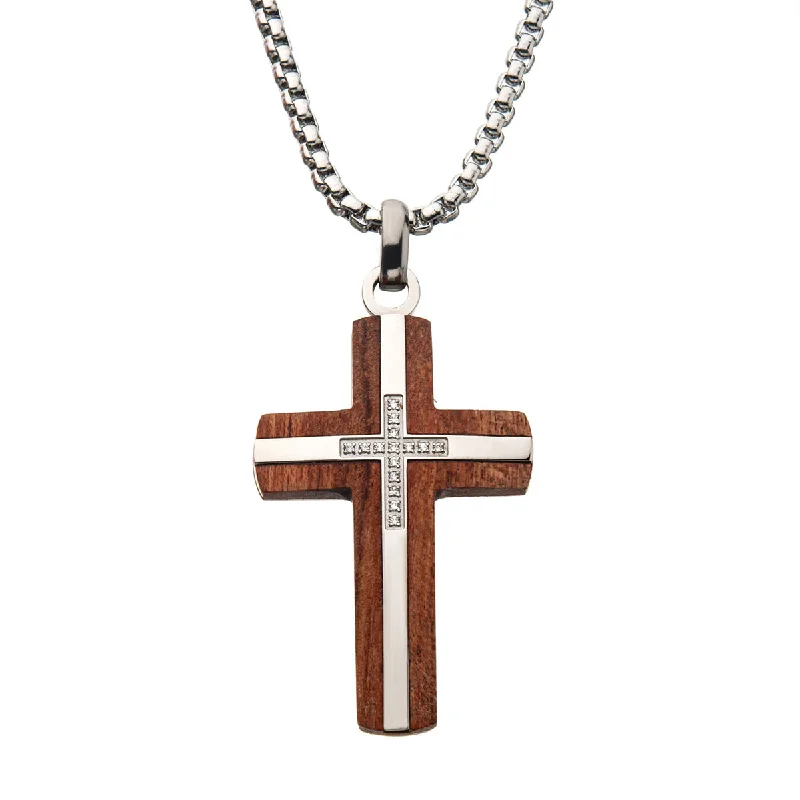 gothic-inspired eagle claw necklace-Coral bead necklace-Bubinga Wood, stainless Steel and diamond Cross Pendant