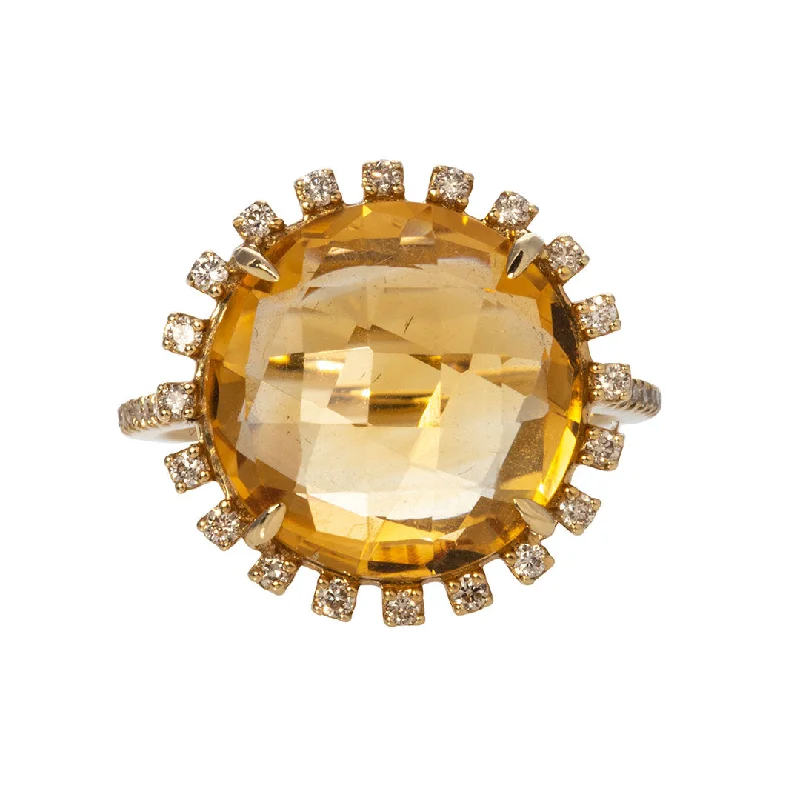 floral prong ruby ring-Scarred finish ring-Citrine & Diamond Halo 18K Yellow Gold Ring