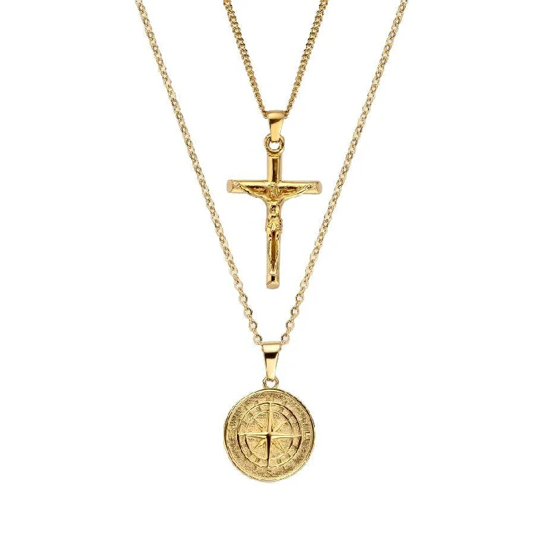 tarnished gold stack necklace-Faded edge necklace-Compass X Crucifix