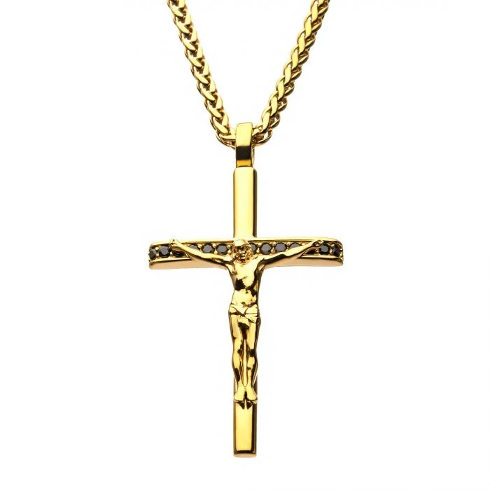 tarnished gold stack necklace-Faded edge necklace-Crucifix Necklace with Black Cubic Zirconia