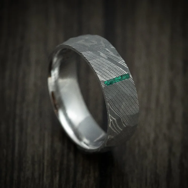 artisan-crafted rose ring-Net weave ring-Damascus Steel Men's Ring with Stone Vertical Inlay Custom Made Band