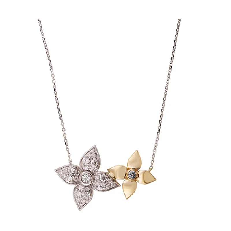 inscribed eternity pendant necklace-Raised gem necklace-Diamond Two-Tone Gold Flower Necklace