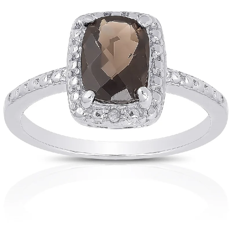 nature-themed maple ring-Textured stone ring-Dolce Giavonna Sterling Silver Smokey Quartz Diamond Accent Ring