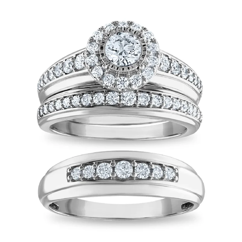 modern stellar diamond ring-Summit stone ring-EcoLove 1 1/4 CTW Lab Grown Diamond Halo Wedding Trio Set in 14KT White Gold