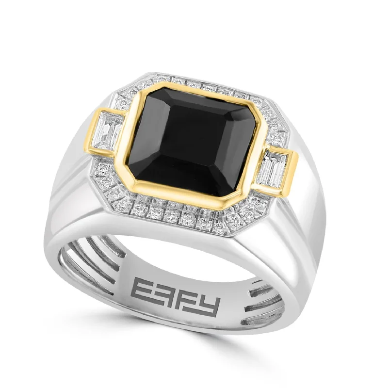 vintage-inspired garnet ring-Sprout halo ring-EFFY 10MM Cushion Onyx and 1/7 CTW Diamond Fashion Ring in Two-Tone Sterling Silver