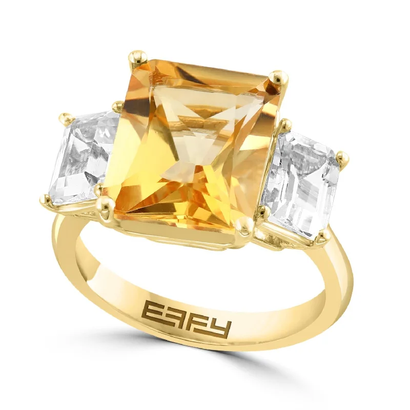 matte silver layer ring-Solar glow ring-EFFY 12X10MM Emerald Shape Citrine and White Topaz Fashion Ring in 14KT Yellow Gold