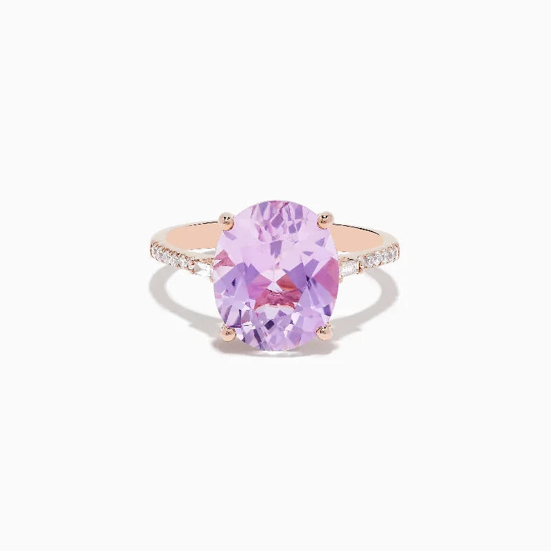 vintage-style chalcedony ring-Willow bark ring-14K Rose Gold Kunzite and Diamond Ring