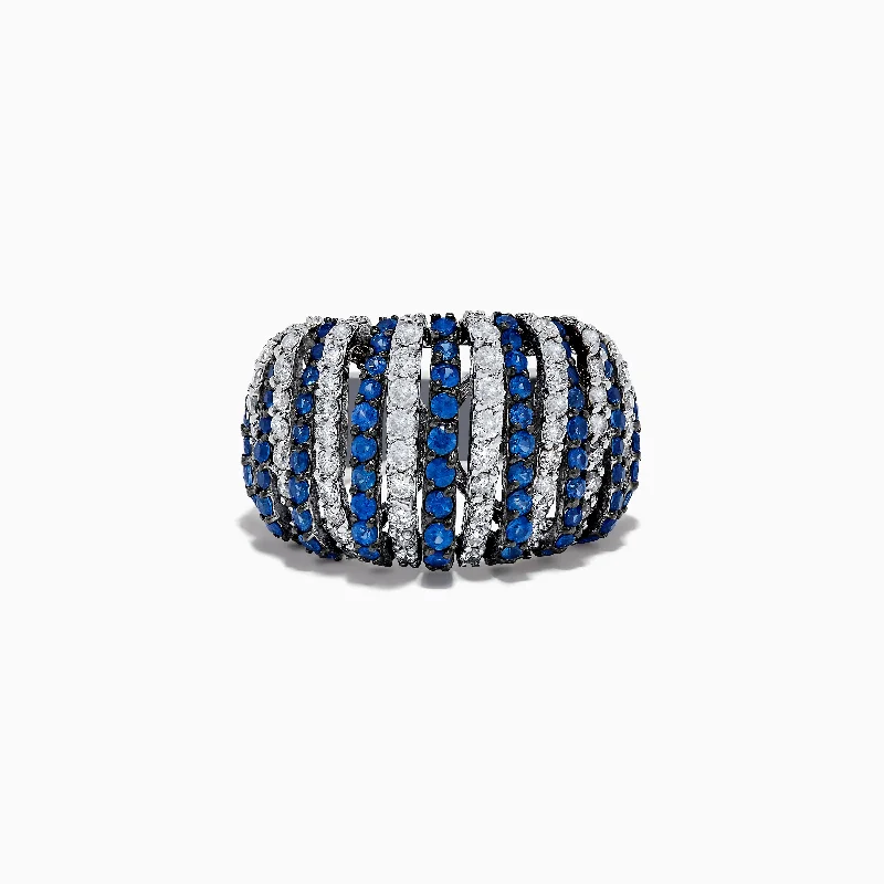 adjustable peak ridge ring-Branch vein ring-14K White Gold Blue Sapphire and Diamond Striped Ring