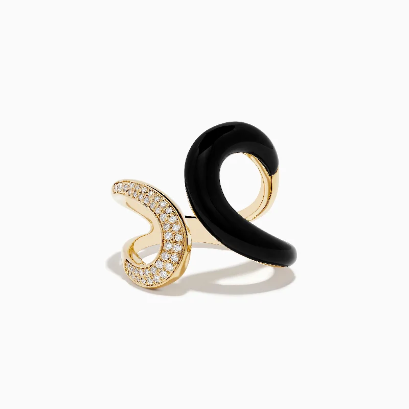 dainty branch design ring-Inlaid wedding ring-14K Yellow Gold Onyx and Diamond Swirl Ring