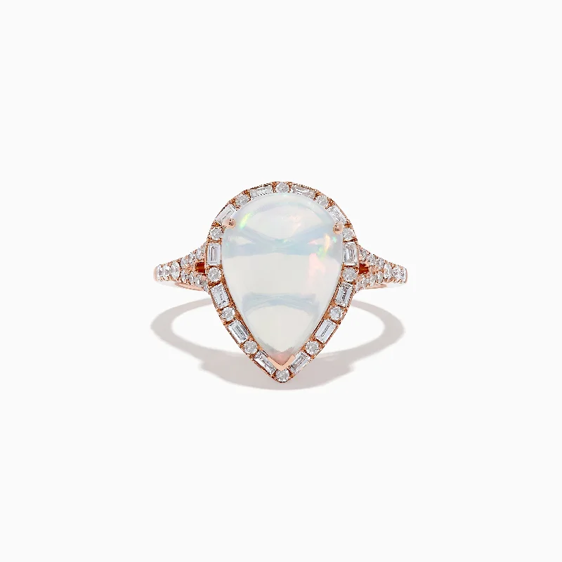 floral-inspired peridot ring-Baroque twist ring-Aurora 14K Rose Gold Opal and Diamond Teardrop Ring