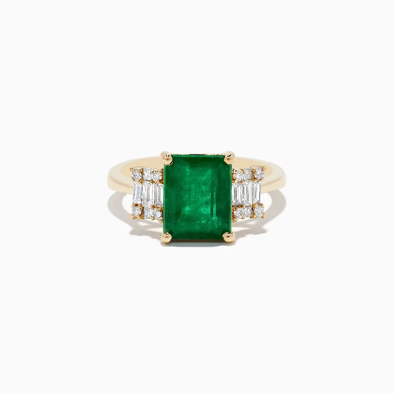 vintage-style citrine ring-Indented shank ring-Brasilica 14K Yellow Gold Emerald and Diamond Ring