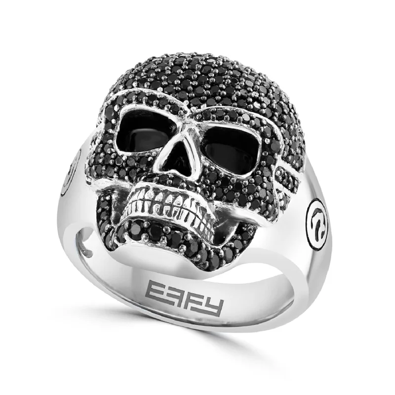 adjustable branch crest ring-Curled alloy ring-EFFY Round Black Spinel Fashion Skull Ring in Rhodium Plated Sterling Silver