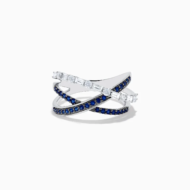 boho-inspired citrine ring-Thracian band ring-Royale Bleu 14K White Gold Blue Sapphire and Diamond Crossover Ring