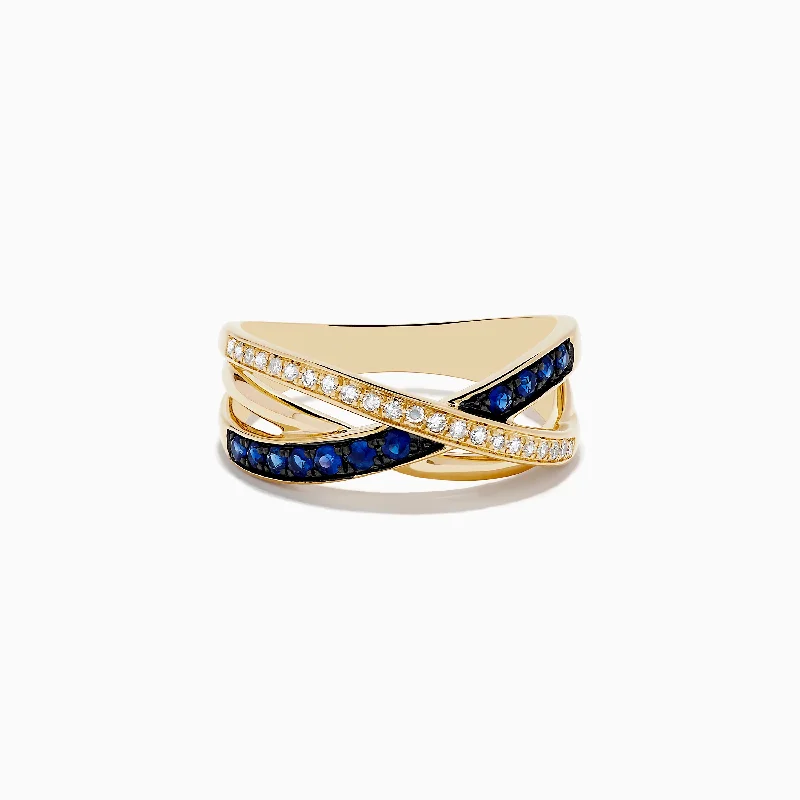 modern sleek crest ridge ring-Horn ridge ring-Royale Bleu 14K Yellow Gold Blue Sapphire and Diamond Crossover Ring