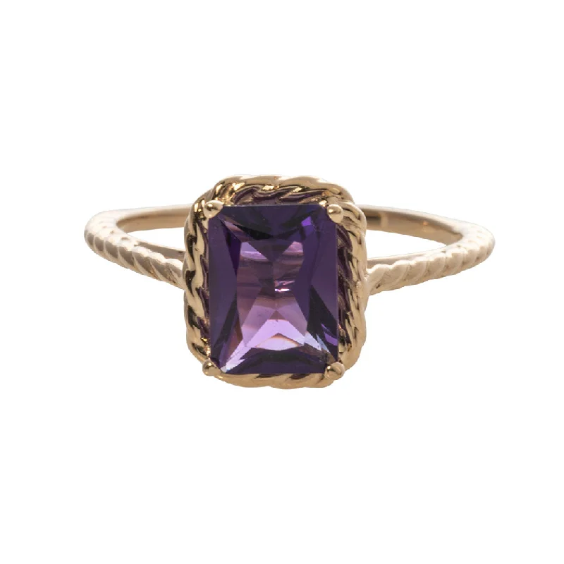 eleven-stone promise ring-Nonagonal gem ring-Emerald-Cut Amethyst 14K Yellow Gold Rope Ring