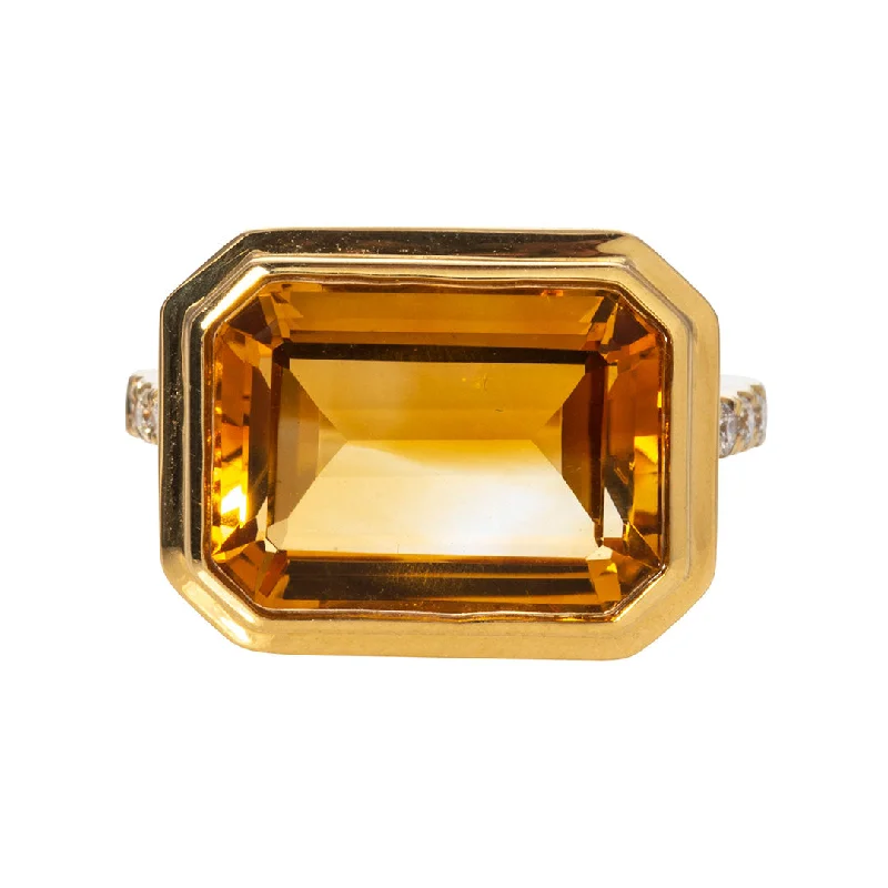 artisan-crafted silver ring-Faint color ring-Emerald Cut Citrine & Pavé Diamond 18K Gold Ring