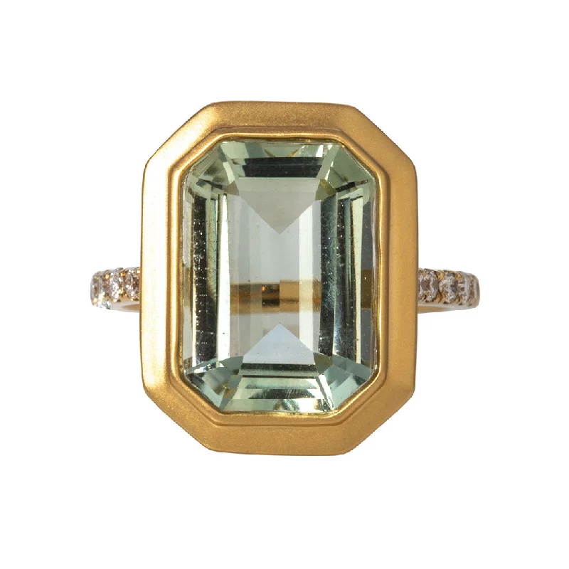 inscribed unity ring-Clamped design ring-Emerald Cut Green Amethyst & Pavé Diamond 18K Gold Ring