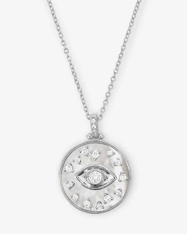 artisan-crafted jade necklace-Nebula pendant necklace-Evil Eye Medallion Necklace - Silver|White Diamondettes