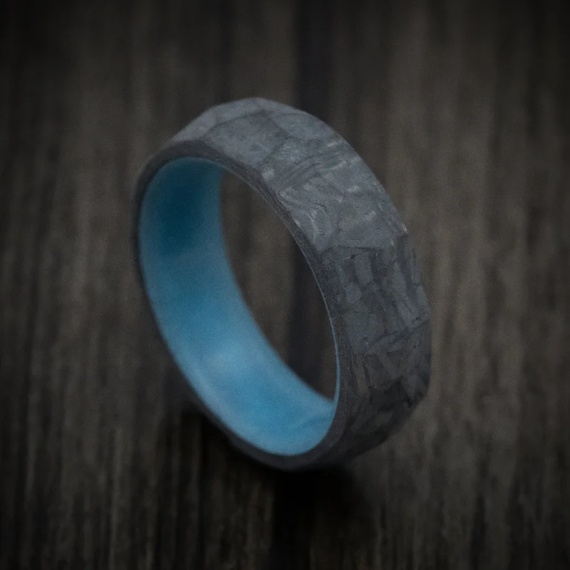 floral prong diamond ring-Lily bloom ring-Faceted Carbon Fiber Men's Ring with Blue Glow Sleeve