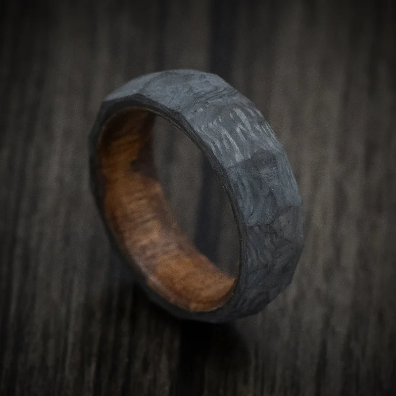 nature-themed branch ridge ring-Woven twig ring-Faceted Carbon Fiber Men's Ring with Chestnut Wood Sleeve