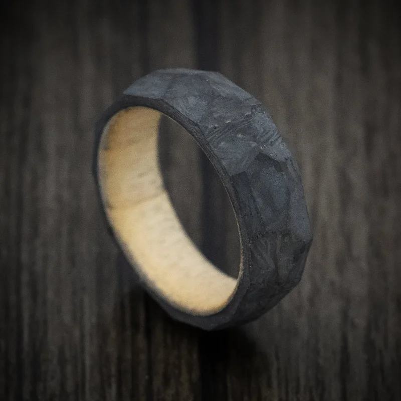 boho-inspired citrine ring-Thracian band ring-Faceted Carbon Fiber Men's Ring with Pine Wood Sleeve