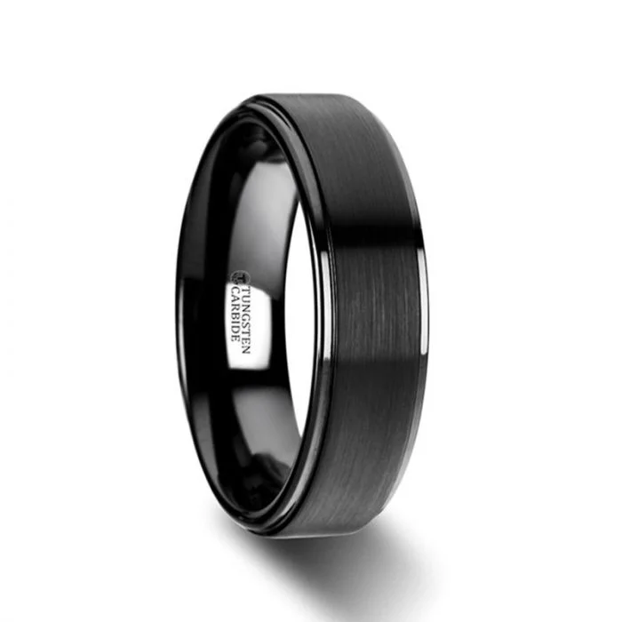 modern layered chalcedony ring-Vedic gold ring-Flat Black Tungsten Ring with Brushed Raised Center & Polished Step Edges