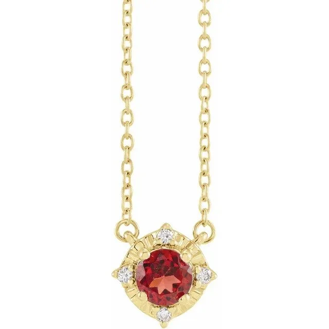 bohemian crest apex necklace-Crumbled stone necklace-Garnet Necklace with Diamond Halo in Yellow Gold