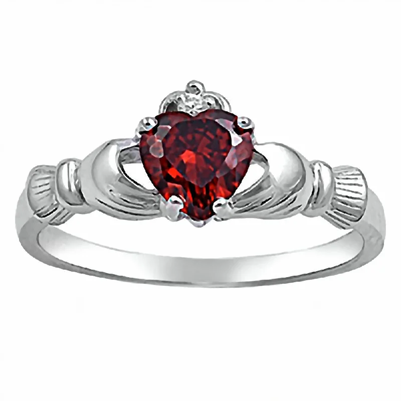 gothic-inspired hawk talon ring-Bunched gem ring-Glenda: 0.765ct Heart cut Red Fire Garnet Claddagh Ring Silver