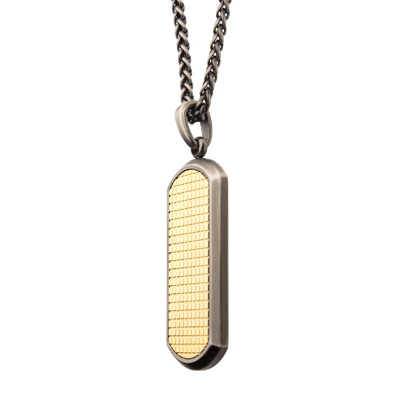 raw citrine statement necklace-Hollow slot necklace-Gun Metal Plated with 18K Gold Plated Grid Inlay Dog Tag Pendant