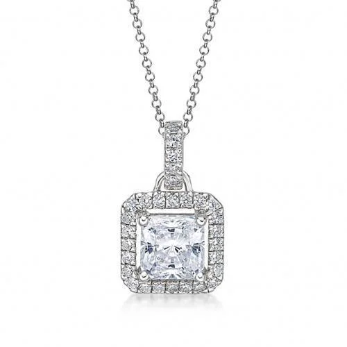 artisan-crafted silver necklace-Faint color necklace-Halo pendant with 1.43 carats* of diamond simulants in 10 carat white gold