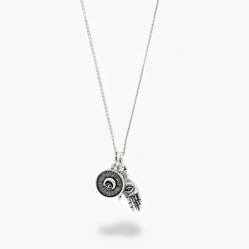 minimalist ridge summit necklace-Eddy swirl necklace-Hamsa & Evil Eye Double Pendants Silver Necklace