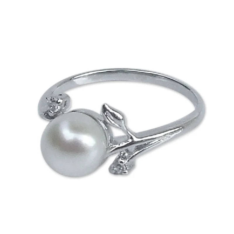 minimalist slope summit ring-Alder sprig ring-Handmade Budding Beauty Round Cultured Freshwater White Pearl with Cubic Zirconium 925 Sterling Silver Womens (Thailand)