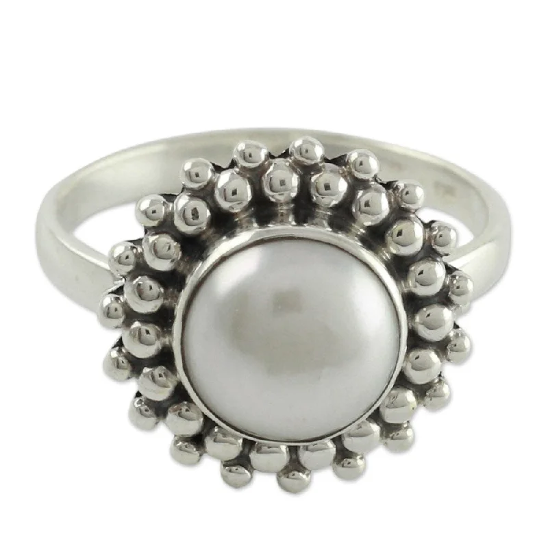 inscribed devotion ring-Oak nut ring-Handmade Cultured Pearl 'Kolkata Halo' Sterling Silver Cocktail Ring (India)