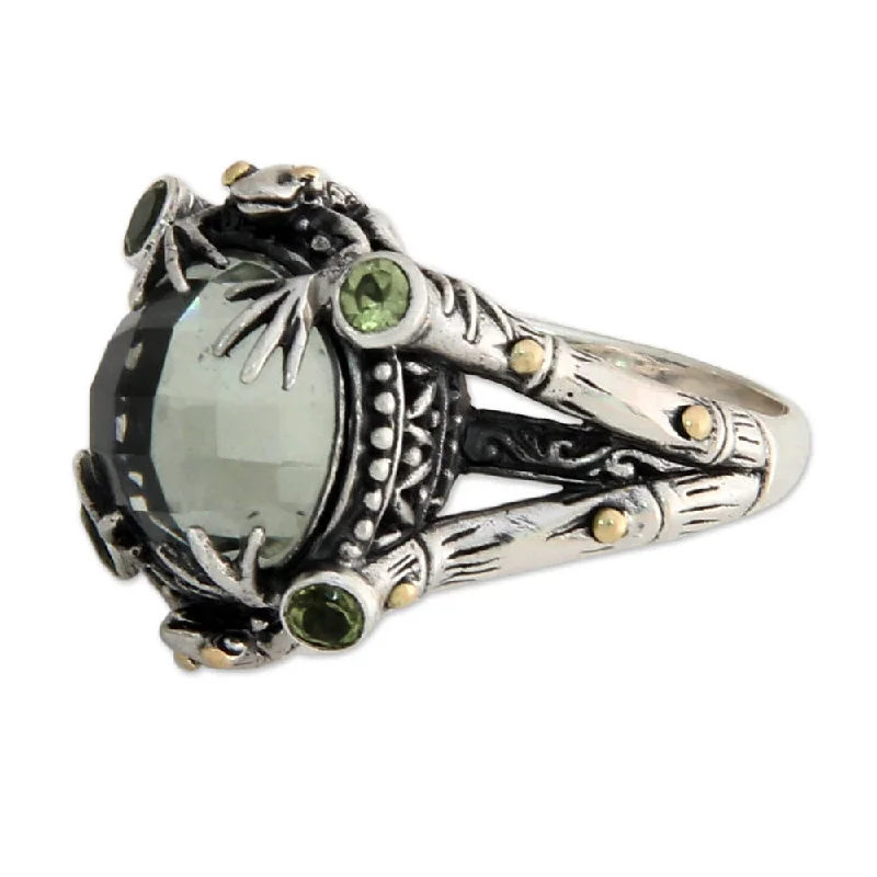 inscribed forever ring-Fossil shard ring-Handmade Gold Overlay 'Tropical Frog' Prasiolite Cocktail Ring (Indonesia)